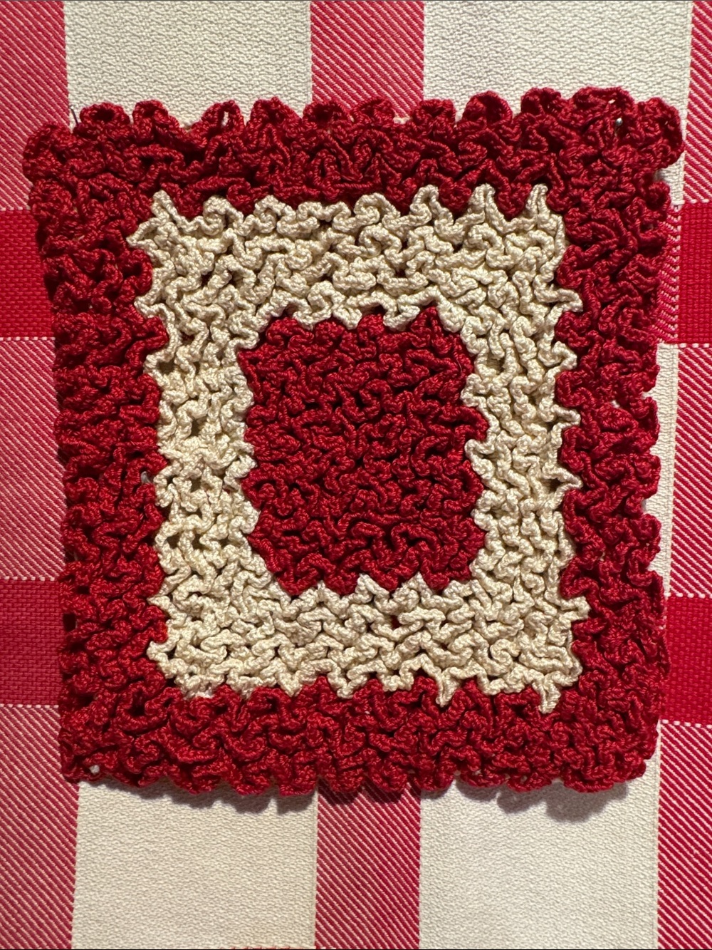 Handmade Red and Cream Crochet Pot Holder or Hot Pad for Table